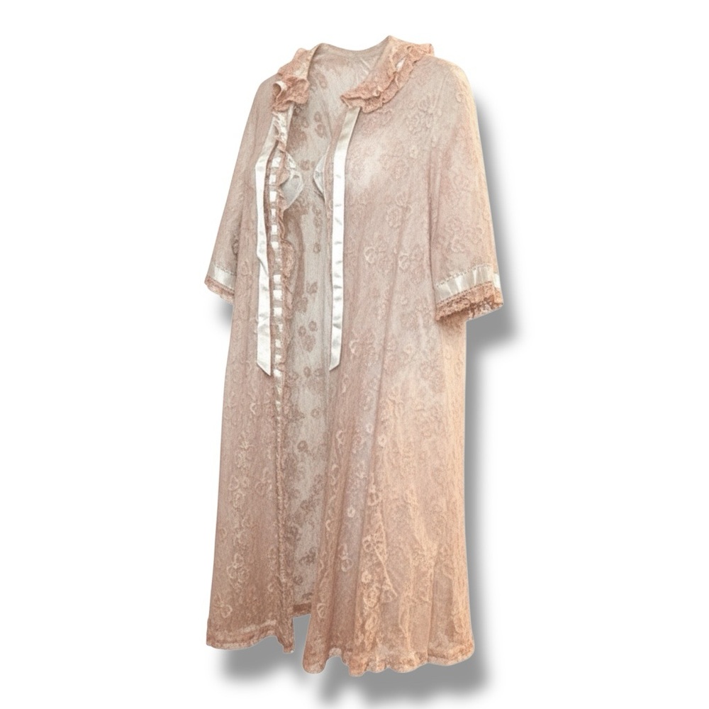 Vintage Odette Barsa Peignor Robe Pale Blue & Pink Lace Chemise Dressing Coat M